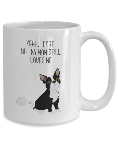Boston Terrier Fart Mug - Yeah, I Fart But My Mom Still Loves Me- Funny Tea Hot Cocoa Coffee Cup - Novelty Birthday Christmas Gag Gifts Idea