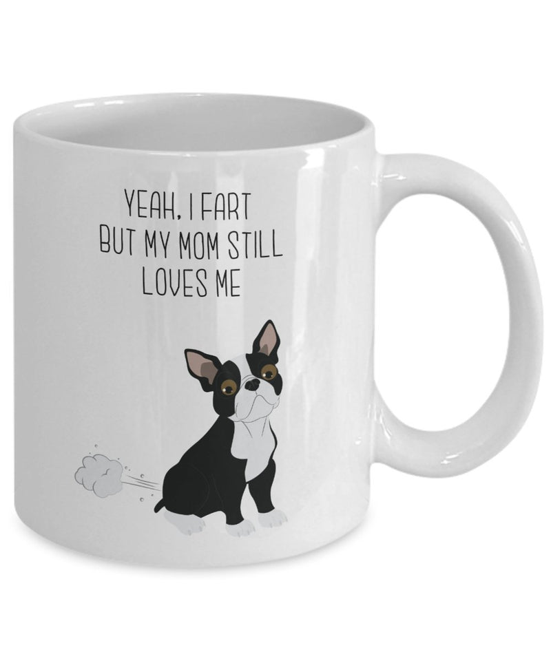 Boston Terrier Fart Mug - Yeah, I Fart But My Mom Still Loves Me- Funny Tea Hot Cocoa Coffee Cup - Novelty Birthday Christmas Gag Gifts Idea