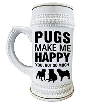 Pugs Make Me Happy 22 oz. Ceramic Beer Stain Glass Mug with Decorative Gold Trim