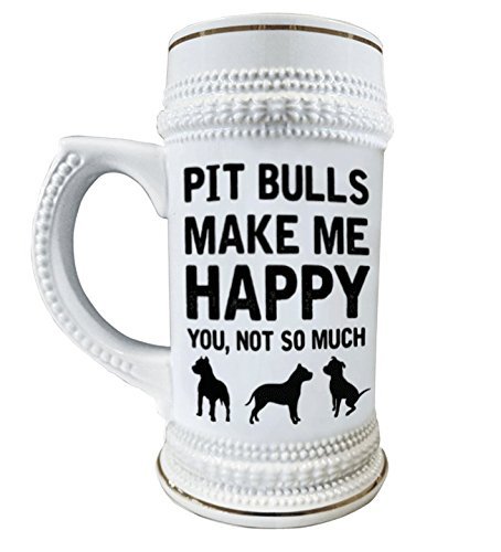 Pit Bulls Make Me Happy 22 oz. Ceramic Beer Stain Glass Mugs with Decorative Gold Trim