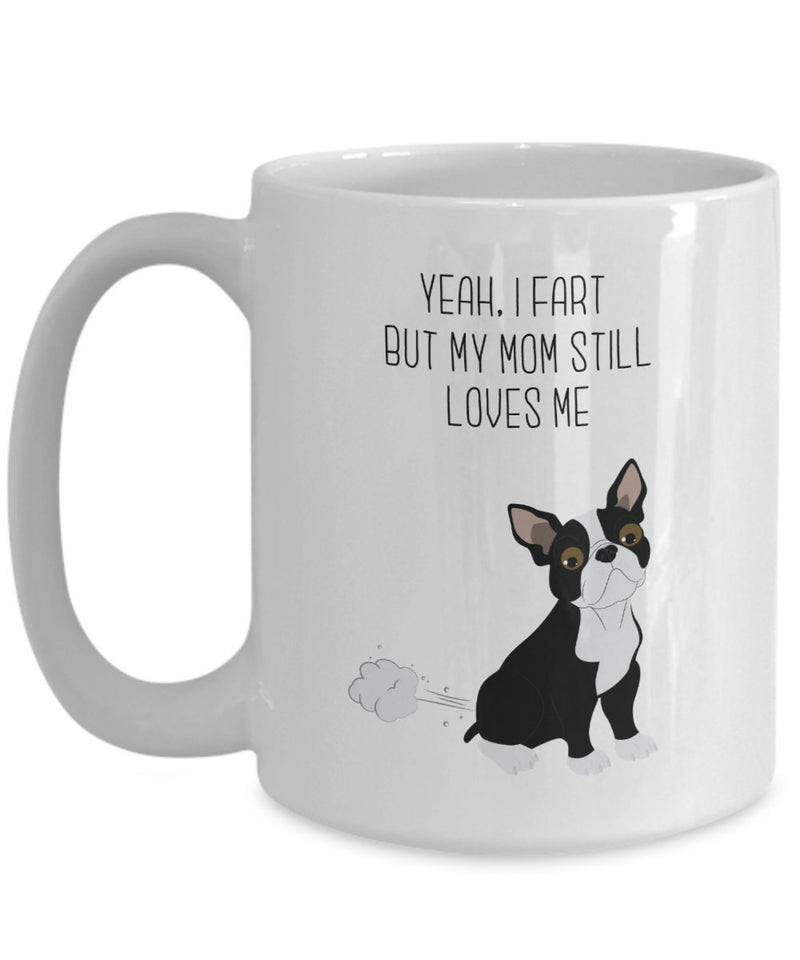 Boston Terrier Fart Mug - Yeah, I Fart But My Mom Still Loves Me- Funny Tea Hot Cocoa Coffee Cup - Novelty Birthday Christmas Gag Gifts Idea